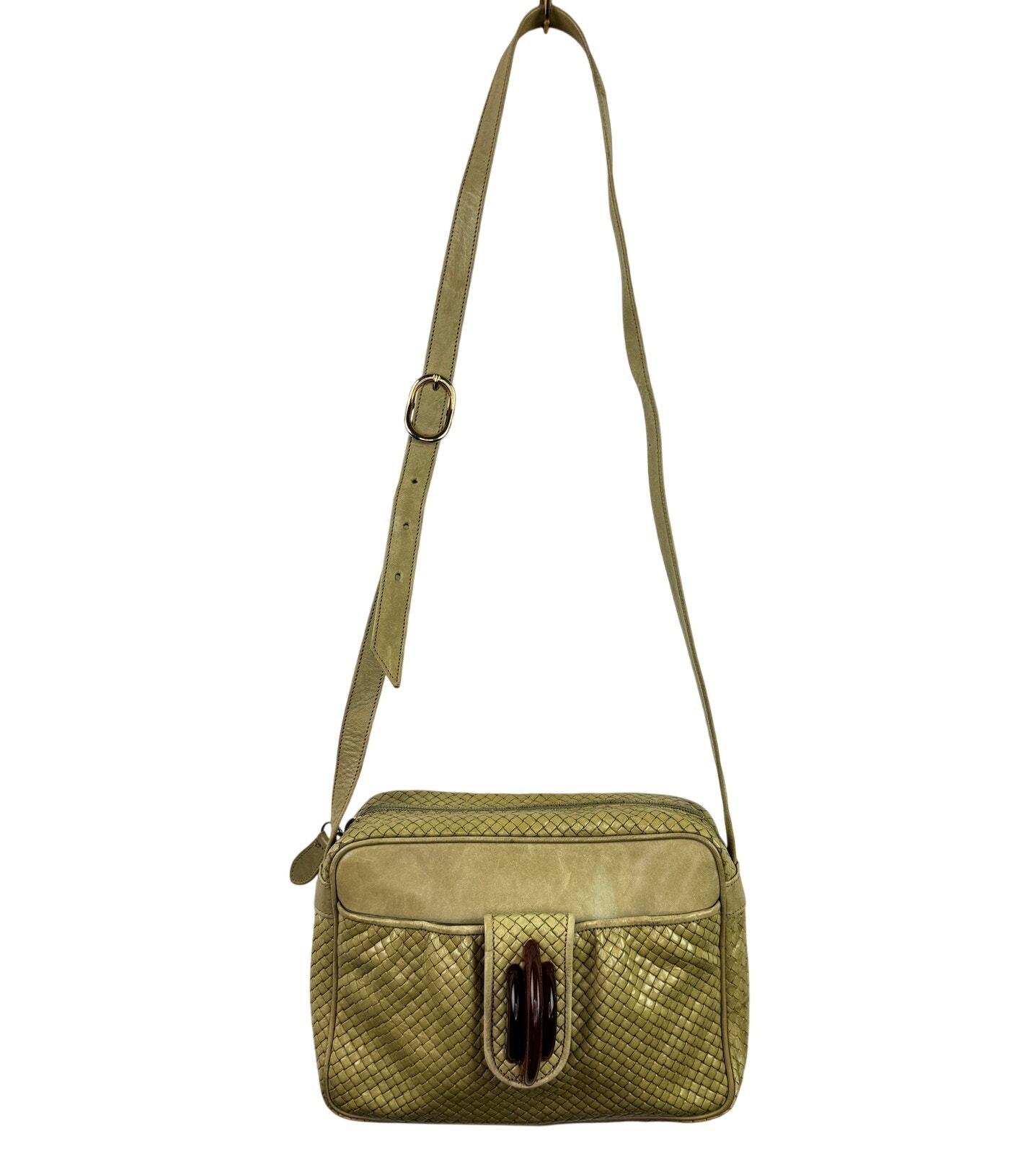 Vtg Susan Gail Handbag Beige Green Woven Leather Crossbody Strap Shoulder Bag